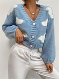 Loose V-Neck Clouds Fall Shoulder Knitted Cardigan Three Buckle Sweater Short