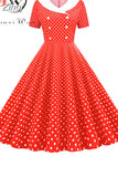 Dot Print Women A-line Summer Dress Red Peter pan Collar Elegant Vintage Midi Party dress Casual Vestidos