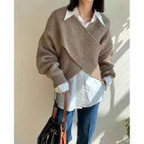 Korea Dongdaemun Autumn And Winter New Temperament Simple V-Neck Cross-Design Sense Loose Knitted