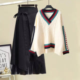 Women Winter Patchwork Long Sleeve Knitted Tops + Asymmetric Skirt 2 Piece Suit Female Party Elegant Two Piece Set 211-0-Outfit