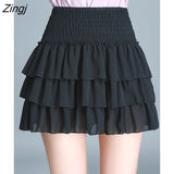 2022 Spring Summer Mini Skirt Women Korean Style Elegant Black Chiffon High Waist Pleated Skirt Female For
