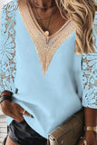 V-neck Stitching Hollow Lace Shirt Women Long Sleeve Chiffon Pullover Blouse Women Casual Lady Slim Tops Elegant
