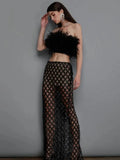 Luxury Sequins Feather Strapless Top+ Skirt Two Piece Set White Black Off Shoulde Sequins Mesh Splice Bodycon Two Piece
