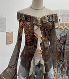Shooting Retro Shoulder Tie-Dye Net Horn Long-Sleeved T-Shirt Irregular Lotus Leaf Side Ribbon Y2k Top