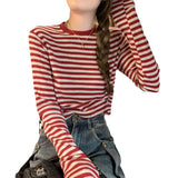 Zingj Color Striped Long-Sleeved T-Shirt Female Autumn 2024 New Casual Look Thin With A Bottom Shirt Short Student