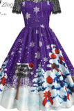 Dress Christmas Costume Women Lace Short Sleeve Hight Waist Vintage Evening Party Prom Casual