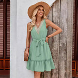 New Women's Wear 2025 Fashion Fresh Air Pure Color V-Neck Sleeveless Lace Waist
