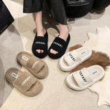 Hair Slippers Women Wear Casual Home Thick Spring And Autumn Embroidered Plush Slippers To Keep Warm High