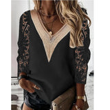 V-neck Stitching Hollow Lace Shirt Women Long Sleeve Chiffon Pullover Blouse Women Casual Lady Slim Tops Elegant
