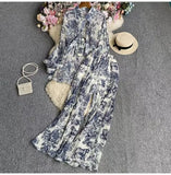 Suit Female Korean Version Of The Lantern Sleeves Loose Single-Chamed Dizzled Dyed Printed Shirt Three Sets Of High-Rise Broad-Legged