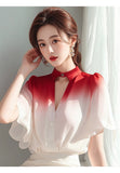 Year's Popular Unique Beautiful Gradient Shirt Female Light Familiar French Small Short-Sleeved Fairy Air Fluttering Snowfleet Blouse