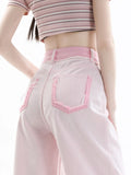Zingj Pink Fur Edge High Waist Wide Leg Jeans Female Summer New Design Sense Loose Hanging Sense Straight Tube Mop The Floor