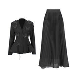 Temperament Famous 2025 Autumn New Fashion Elegant Retro Splicing Butterfly Wrinkle Skirt Dress Suit