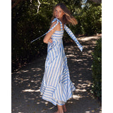 Zingj Spring / Summer New Striped Print Fresh And Sweet Fashion With Large Hem Dress