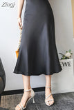 Silk Satin Midi Skirt for Women 2023 New Elegant High Waist A Line Solid Office Balck Long Skirt Women