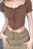 Korean Fashion Ruffles Brown Skinny Crop Top T shirt Women Y2K Retro Frill Drawstring Summer Tee Short Corset
