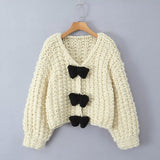 Bow Sweater Cardigan Jacket Languid Short Heavyweight Knitted Jersey