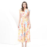 Court Style Print Flying Sleeve Dress Women's Summer Net Yarn Hollow Hook Design Light Luxury Temperament