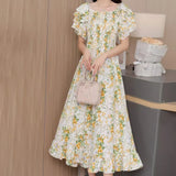 2025 New French Holiday Collar Shoulder Short Sleeves To Show Thin Flowers Long Orange Truss
