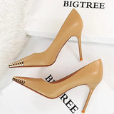 Shoes Black Leather Shoes Woman Pumps Metal Pointed Toe High Heels Stiletto Sexy Party Shoes Women Heels Plus Size 42