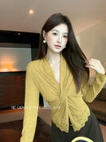 Xixi 2025 Winter New Temperament Lace V-Word Collar Knot Tie Shirt Fashion Women