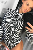 Women Long Sleeve Turtleneck Bodysuit Jumpsuit Clubwear Animal Zebra Print Bodycon Party Bodysuit Stretch Slim Leotard