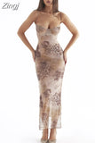New Mesh Print Long Dress with Chest Padded Sexy Back Lace Up Vacays Party Going Out Outfits Summer Dress Women