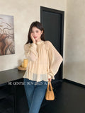 Xixi 2025 Autumn White Standard Temperament Romantic Lotus Leaf With Chiffon Shirt Long-Sleeved Shirt
