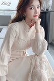 Dresses for Women Party Long Sleeve Midi Patchwork Knitted Sweater Dress Lace Stand Collar A-Line Chinese Style Winter