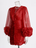 2025 Spring New Temperament Style Fashion Big V Collar Three-Dimensional Flowers Folded Ass Hips Short Dress