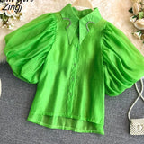 Sleeve Blouses Korean Fashion Women Clothes Button Up Shirt Harajuku Shirts Summer Elegant Vintage See Through Blusas