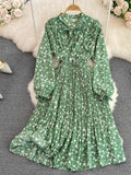 Women Floral Pleated Dress Elegant Bow Collar Flare Long Sleeve High Waist A-Line Ruffle Draped Vestidos Female Robe