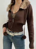 Y2K Aesthetic Fluffy Fur Trim Collar Women Sweaters Jacket Furry 90s Vintage Zipper Coat Knitting Cardigans