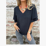 Summer Solid Female Loose V-Necked Leaf Sleeve Top High Temperature Stereotyped