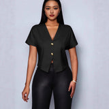 Solid Color V-Neck Metal Button Asymmetrical Sleeve