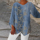 Women's Clothing 2025 Summer New T-Shirt Casual Loose Irregular Print Long-Sleeved V-Neck