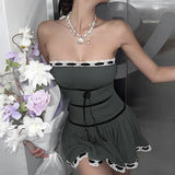 Off Shoulder Ribbon Trim Lace Up Slim Mini DressOutfit