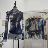 Want To Play The Bottom Of The Long-Sleeved T-Shirt Design Hollow Print Irregular Mesh Yarn Personality Hottie Top