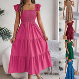 Shooting 2025 Summer Solid Color Square Lead Wood Ear Waist A Word Dress Women's