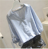 And Autumn 2025 New Korean Version Of The White Wave Dot Shirt Women's Sleeves Loose Casual Cotton-Song V-Neck