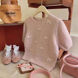 Chic Spring And Summer Little Bow Bow Short-Sleeved Collar Knitted Jersey Girl Spring Sweet Soft Foam Bubble Sleeve