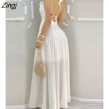 Summer Ruffle Hem Open Back Slit Maxi White Dress Sleeveless Elegant Casual Lace Up Sexy Vacation Solid Long Ladies