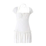 Zingj Summer Sexy French Low-Cut Square Collar Hanging Neck Tie Design Sense Short Sleeve Pleated Dress