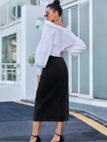 Side Slit Buttoned Denim Midi Skir- Outfit