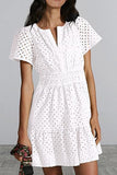 Women's V-Neck A-Shaped Hollow Lace Folded Short-Sleeved Mini