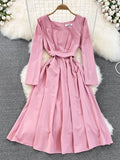 Vintage Women Square Collar Midi Dress Elegant Green/Pink/Red High Waist Slim Draped Big Swing Vestidos Female Robe