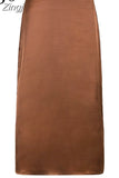 Vintage Brown High Waist Skirt Female Harajuku Satin Long Skirt Side Split Ladies Summer Skirts Gothic