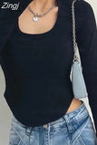 Women Casual Long Sleeve T-Shirts Spring Fall Irregular Hem Solid Slim Fit Pullovers Female Streetwear Base Tees