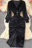 Winter Women Black/Red Draped Bodycon Midi Dress Vintage V-Neck Mesh Patchwork Long Sleeve High Waist Vestidos 2023