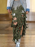 Zingj New Personality Trend Army Green Irregular Hollow Out Splicing Camouflage Design Sense Women's Long